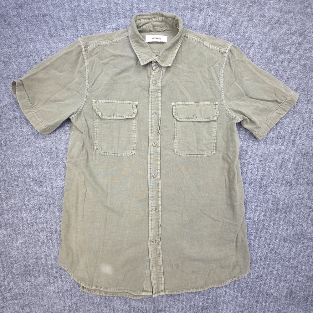 Buck Mason Button Down Shirt Medium Green Short Sleeve Pockets Faded Marks